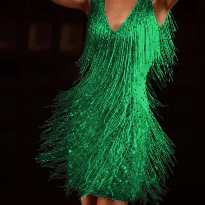 Sparkling Sequin Dress with Fringes – Celina-Green-S-State of Style