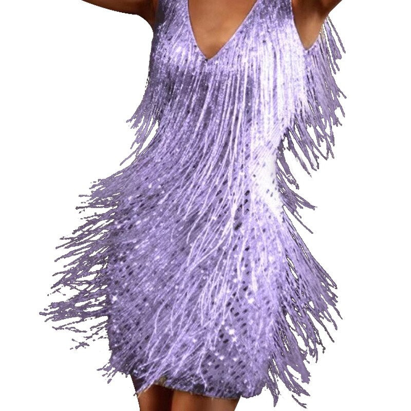 Sparkling Sequin Dress with Fringes – Celina-Purple-S-State of Style