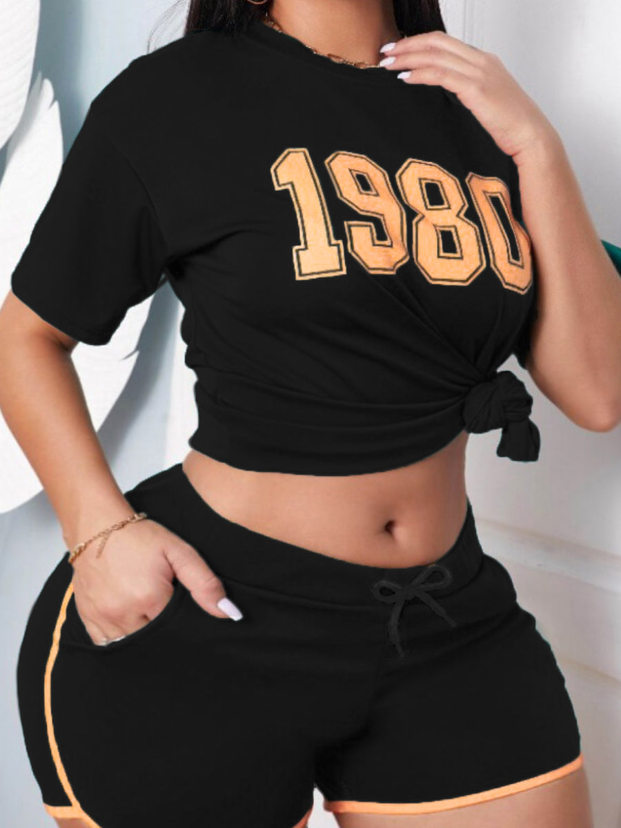 Sporty Duo Set with Letter Print in Plus Size-Black-2XL-State of Style