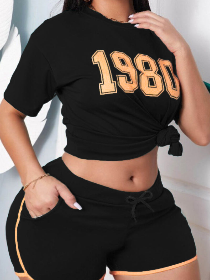 Sporty Duo Set with Letter Print in Plus Size-Black-2XL-State of Style