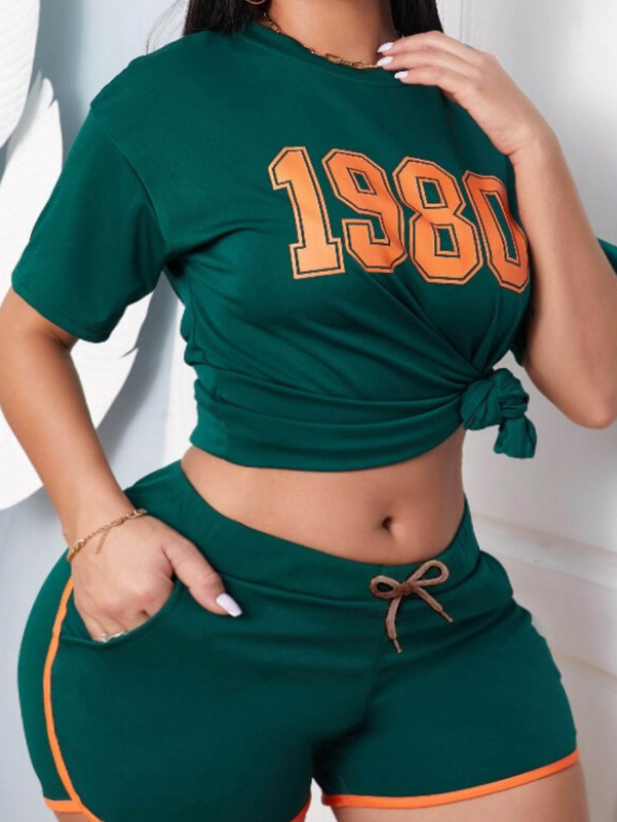 Sporty Duo Set with Letter Print in Plus Size-Green-2XL-State of Style