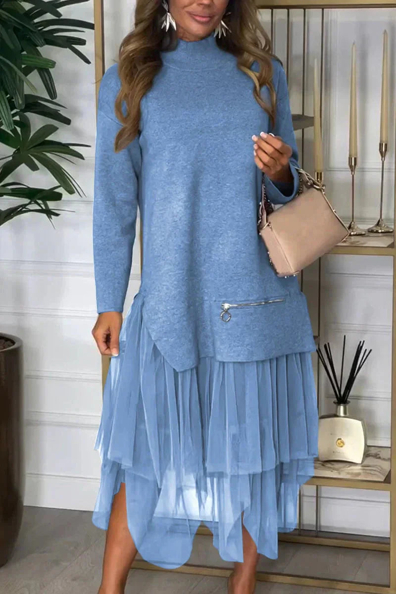 Casual Dress With Long Sleeves And Mesh Skirt – Ysolde