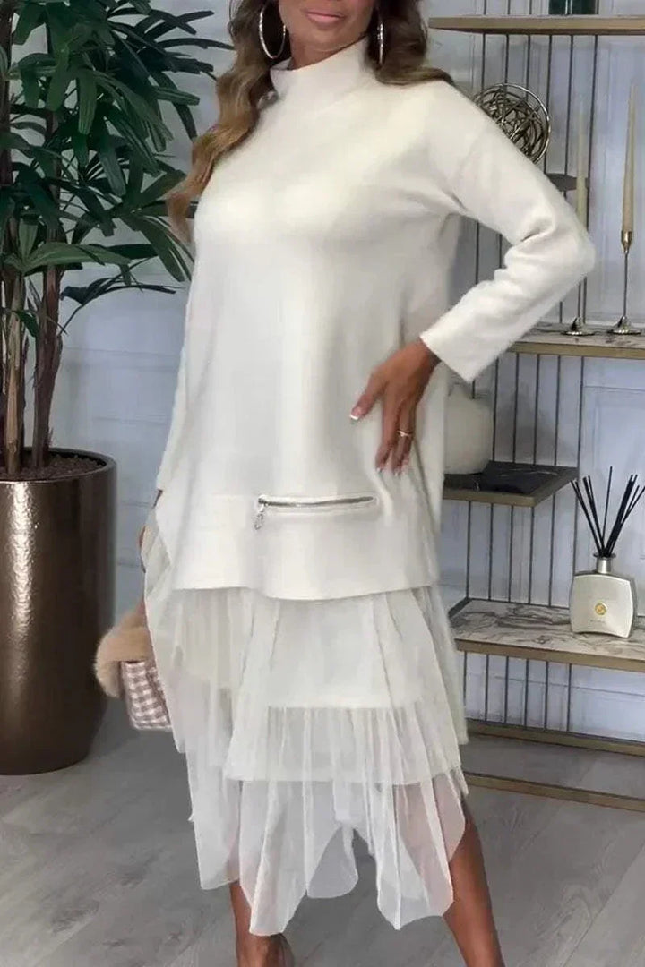 Casual Dress With Long Sleeves And Mesh Skirt – Ysolde