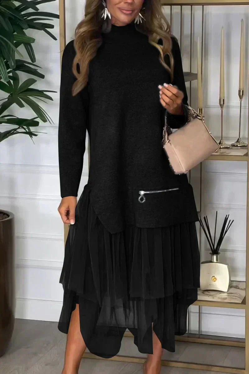 Casual Dress With Long Sleeves And Mesh Skirt – Ysolde
