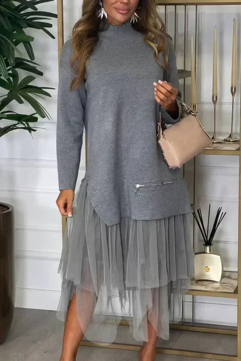 Casual Dress With Long Sleeves And Mesh Skirt – Ysolde