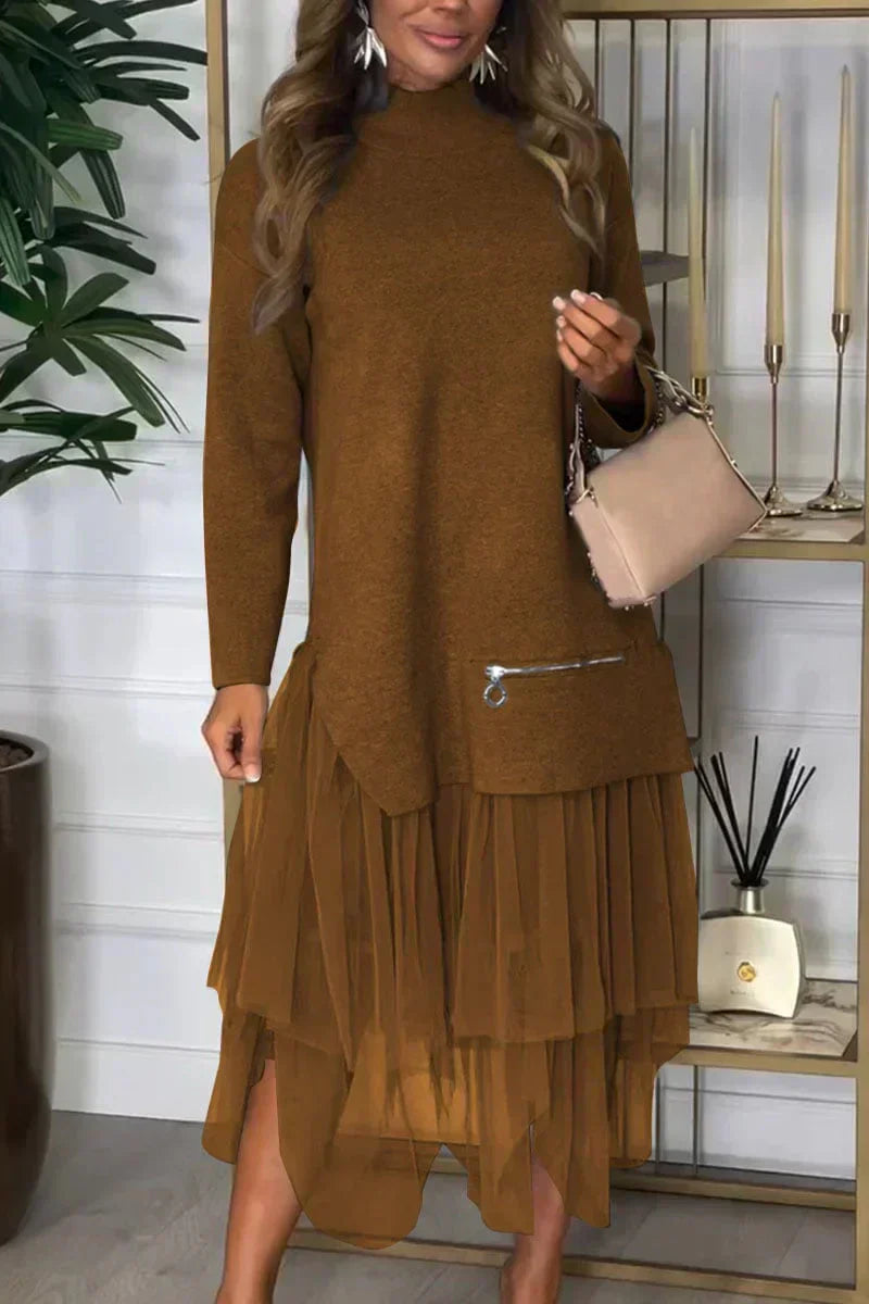 Casual Dress With Long Sleeves And Mesh Skirt – Ysolde