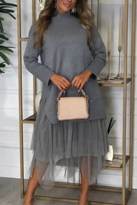 Casual Dress With Long Sleeves And Mesh Skirt – Ysolde