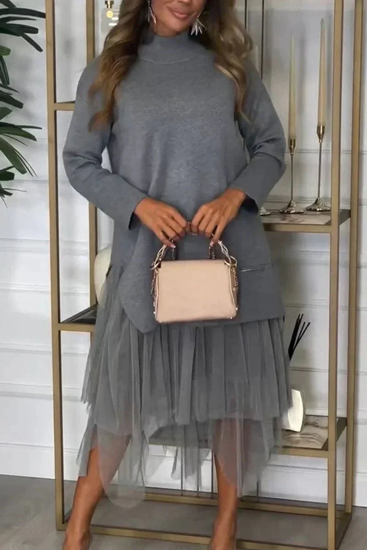 Casual Dress With Long Sleeves And Mesh Skirt – Ysolde