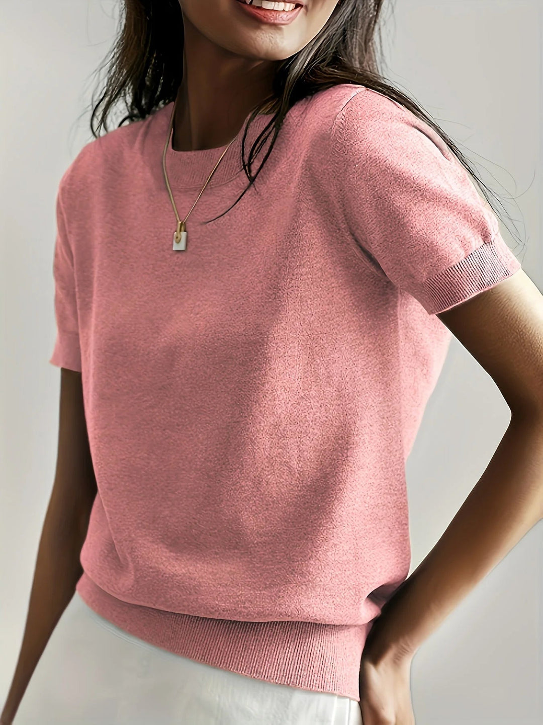 Spring Sweater with Short Sleeves – Mira-Pink-XS-State of Style