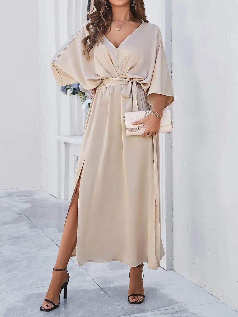 SpringFinesse - V-neck Spring Dress-Champagne-XS-State of Style