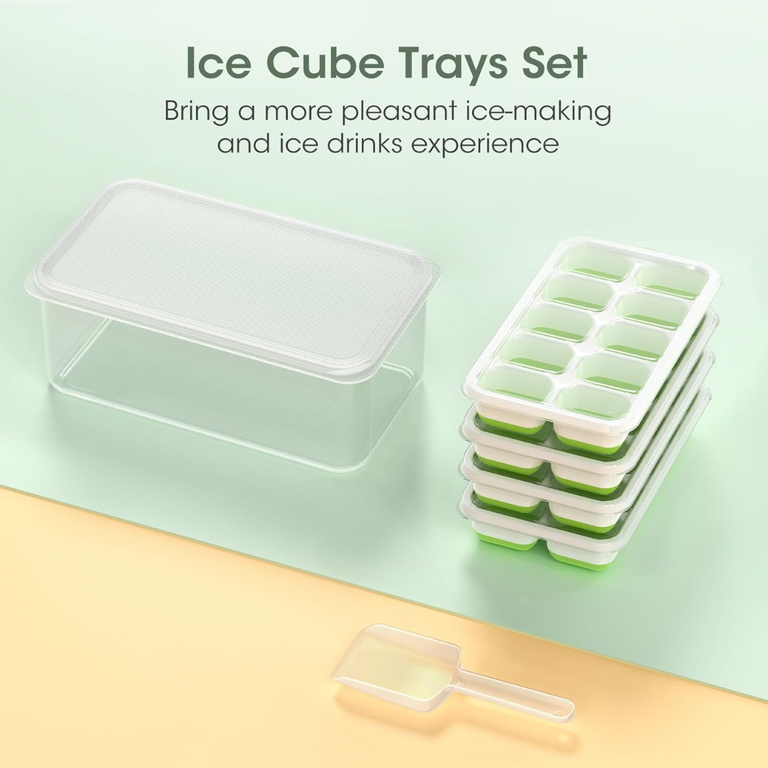 Stackable Silicone Ice Cube Trays with Storage Bin-White-Green-State of Style