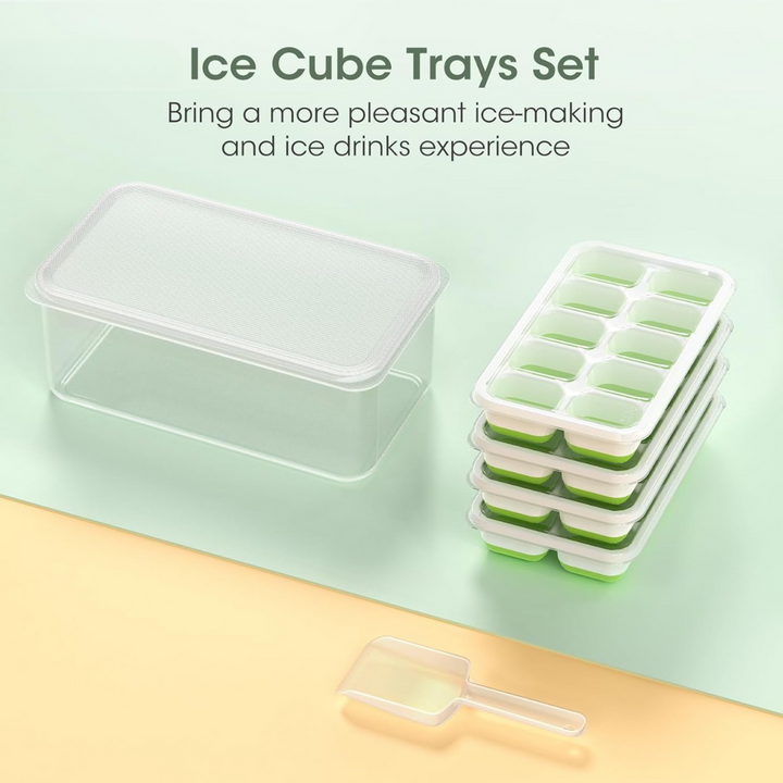 Stackable Silicone Ice Cube Trays with Storage Bin-White-Green-State of Style