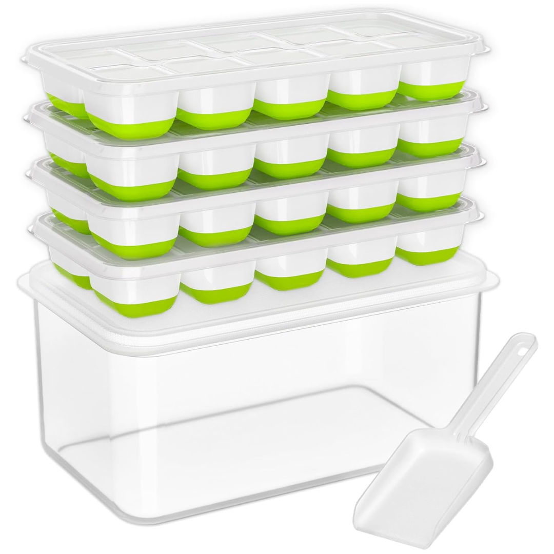 Stackable Silicone Ice Cube Trays with Storage Bin-White-Green-State of Style