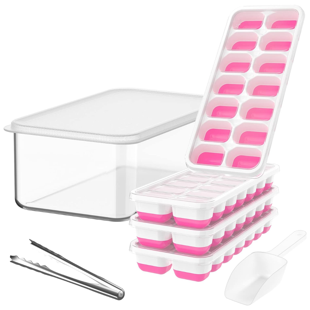 Stackable Silicone Ice Cube Trays with Storage Bin-White-Pink-State of Style
