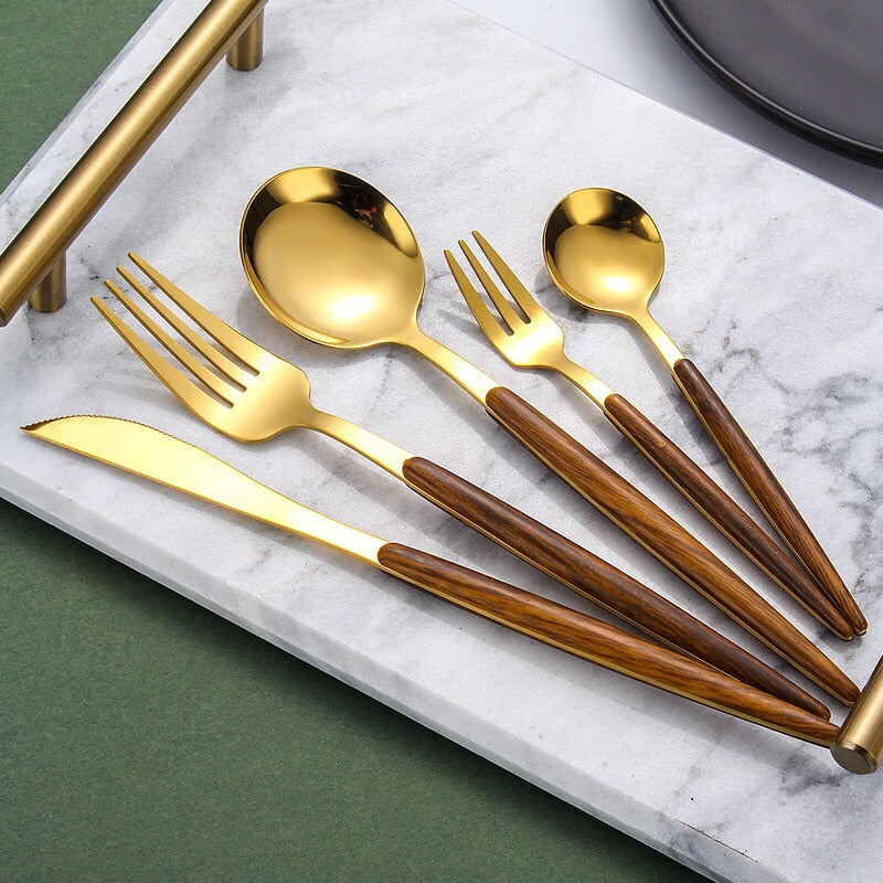 Stainless Steel Cutlery Set with Wooden Handle – WoodCraft-Gold-State of Style