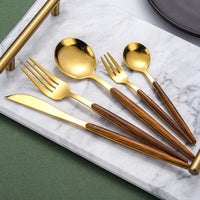 Stainless Steel Cutlery Set with Wooden Handle - WoodCraft-Gold-State of Style