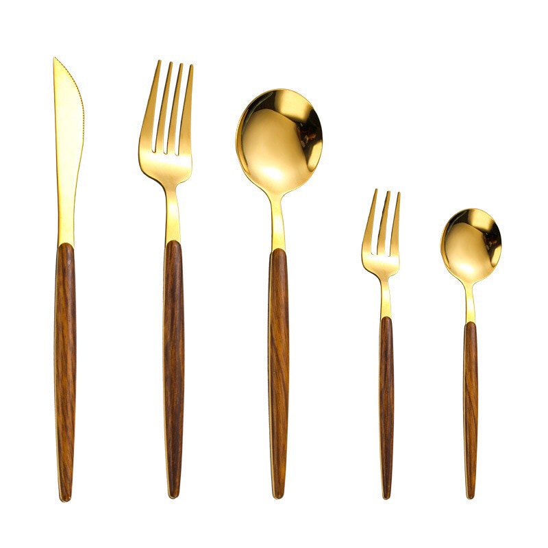 Stainless Steel Cutlery Set with Wooden Handle – WoodCraft-Gold-State of Style