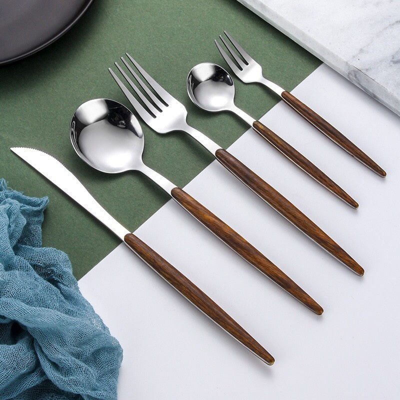 Stainless Steel Cutlery Set with Wooden Handle - WoodCraft-Gold-State of Style