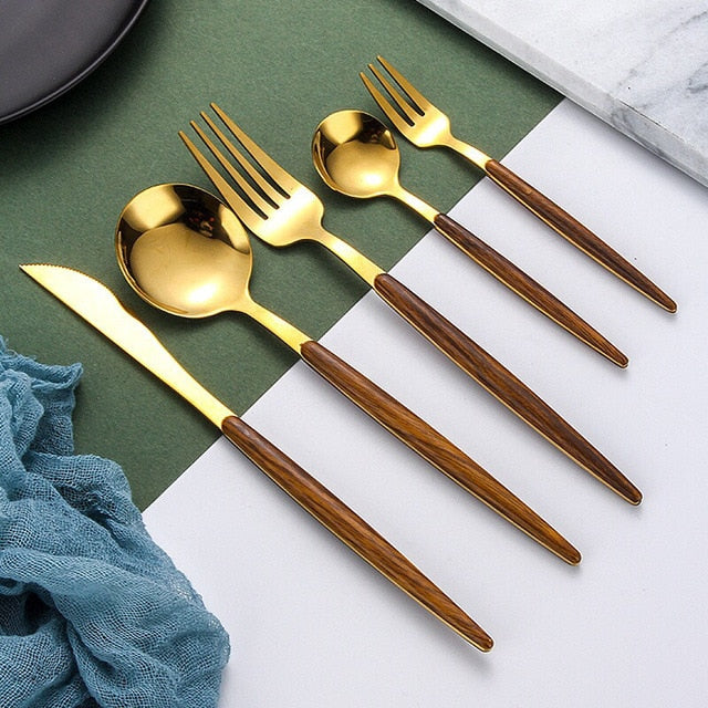 Stainless Steel Cutlery Set with Wooden Handle - WoodCraft-Gold-State of Style