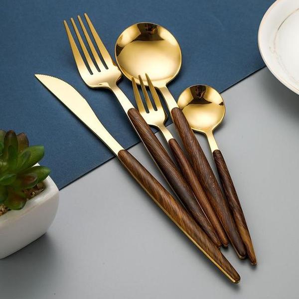Stainless Steel Cutlery Set with Wooden Handle – WoodCraft-Gold-State of Style