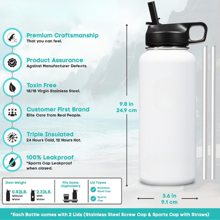 Stainless Steel Insulated Water Bottle with Straw - For Cold & Hot Drinks-White-400 ml-State of Style