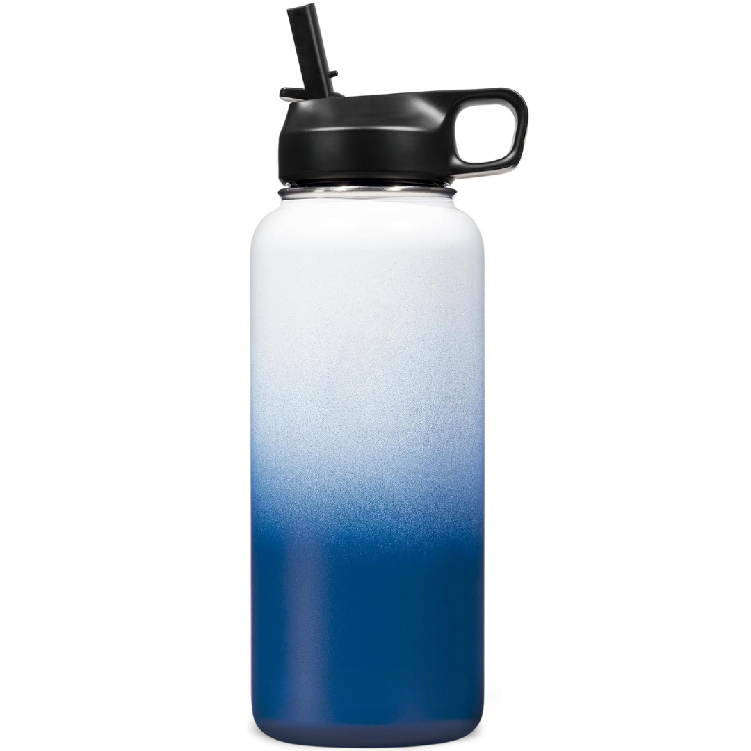 Stainless Steel Insulated Water Bottle with Straw - For Cold & Hot Drinks-White-Dark Blue-950 ml-State of Style