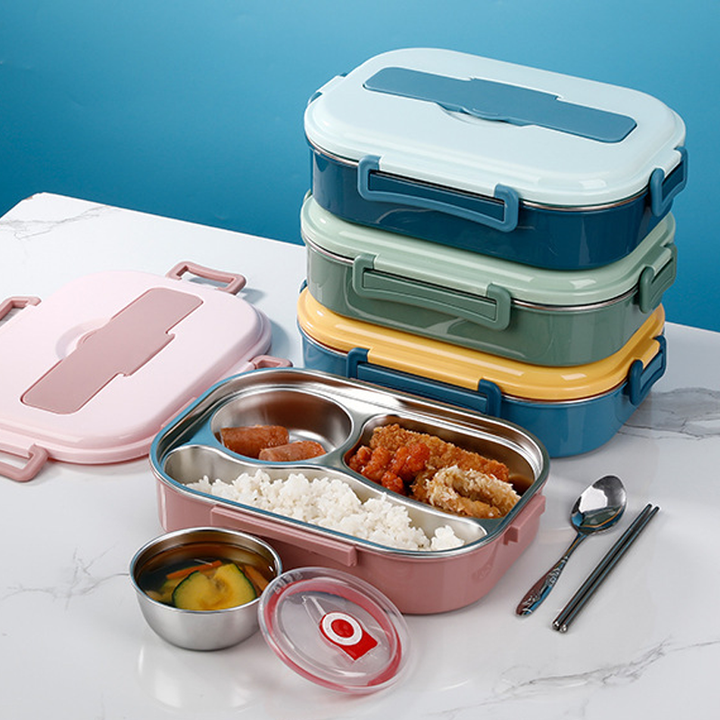 Stainless Steel Thermo Lunchbox - SteelLunch-Yellow-3 Compartments with Soup Bowls-State of Style