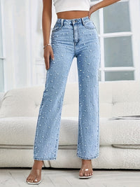 Straight Ladies' Jeans with Pearls - Mila-Light Blue-XS-State of Style