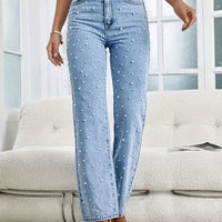 Straight Ladies' Jeans with Pearls - Mila-Light Blue-XS-State of Style
