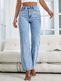 Straight Ladies' Jeans with Pearls - Mila-Light Blue-XS-State of Style