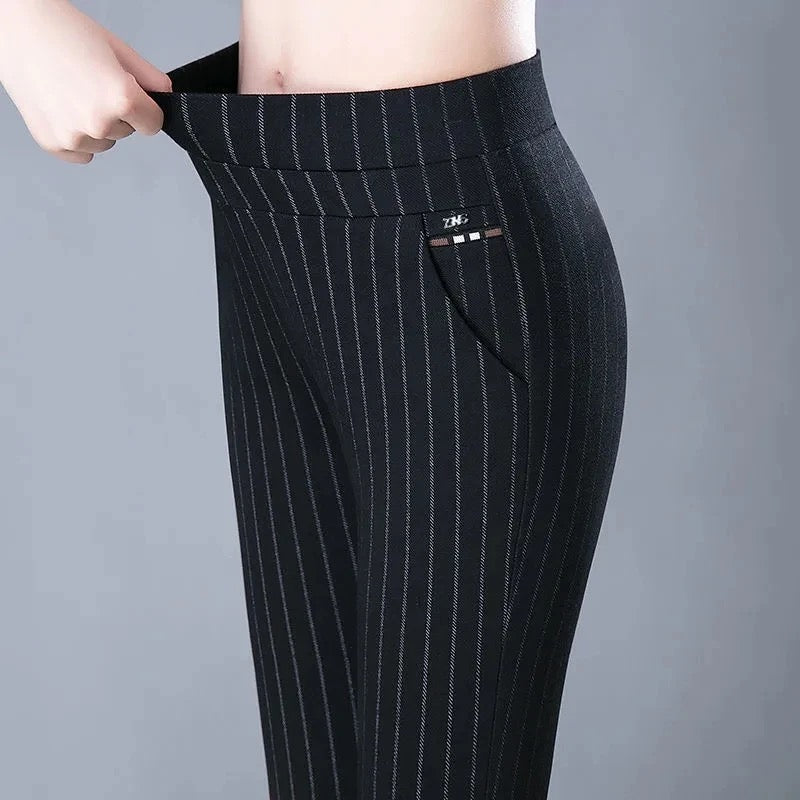 Straight Women's Pants with Elastic High Waist - Sophia-Black Stripes-M-State of Style
