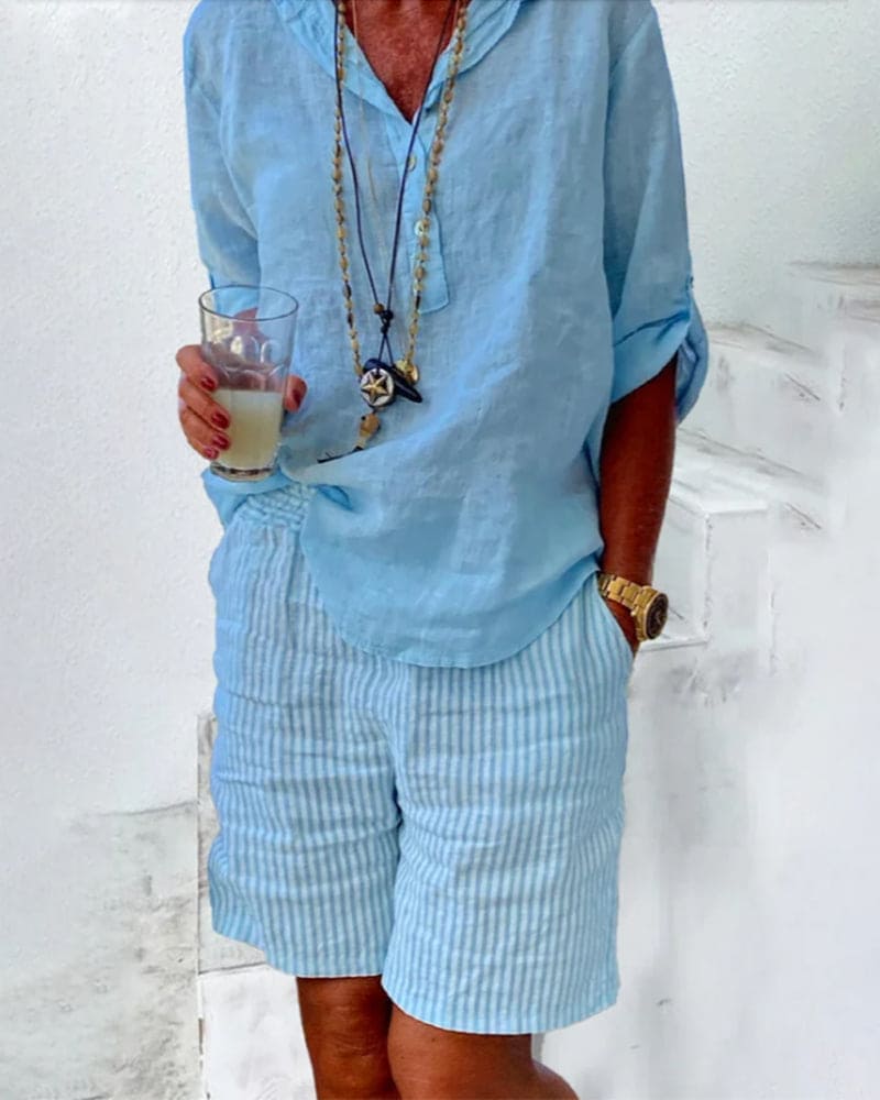 Striped Cotton-Linen Women's Shorts – Nina-Blue-S-State of Style