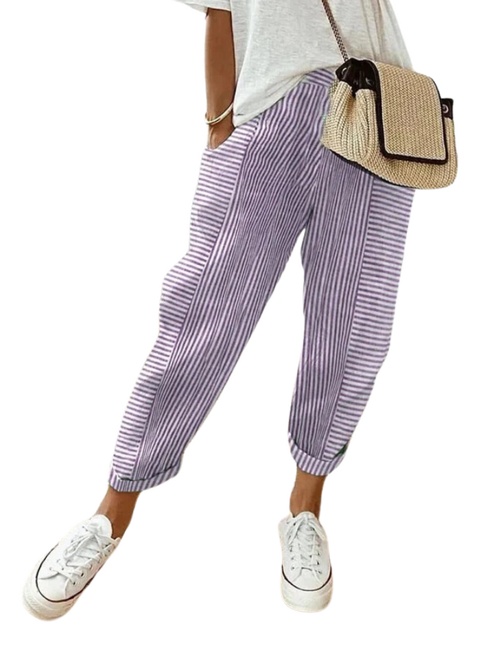 Striped Cotton Women's Trousers - Amara-Purple-S-State of Style