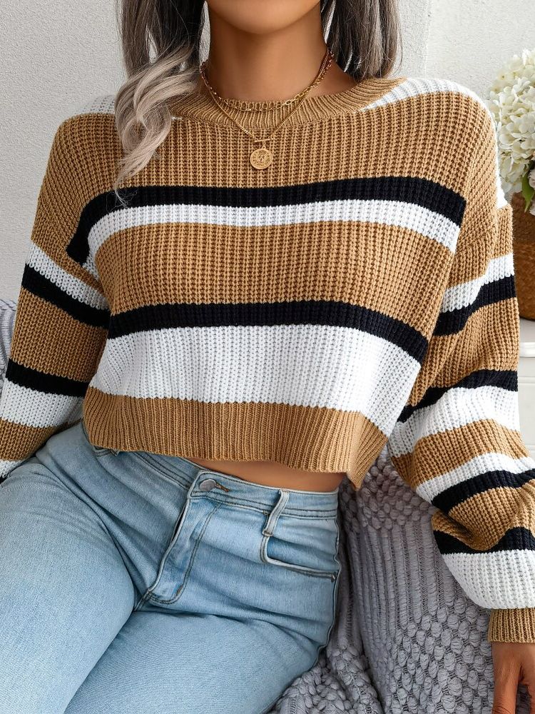 Striped Crop Sweater - Emory-Khaki-S-State of Style