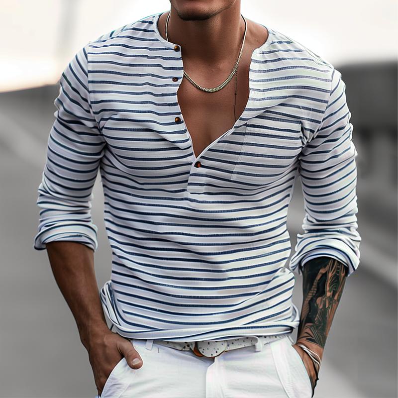 Striped Henley Shirt with Long Sleeves – Ewan-S-State of Style