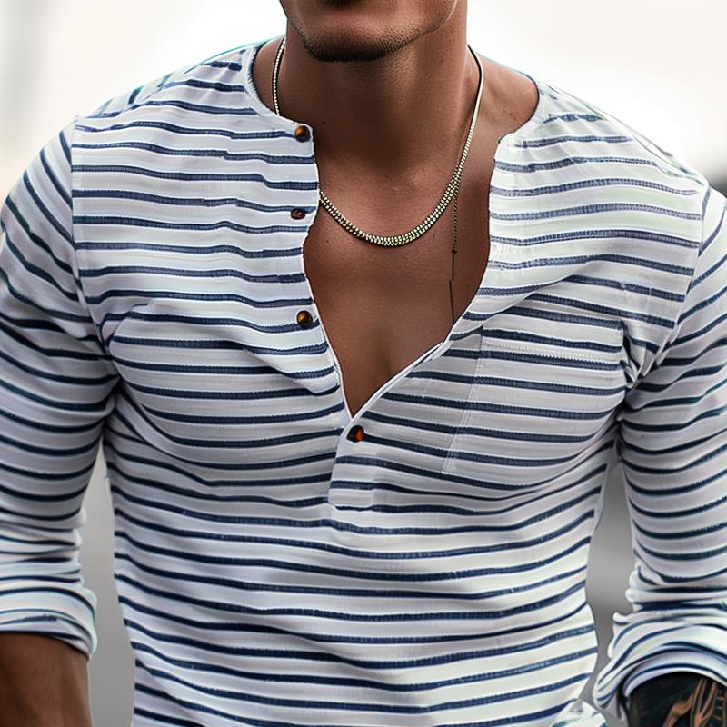 Striped Henley Shirt with Long Sleeves – Ewan-S-State of Style