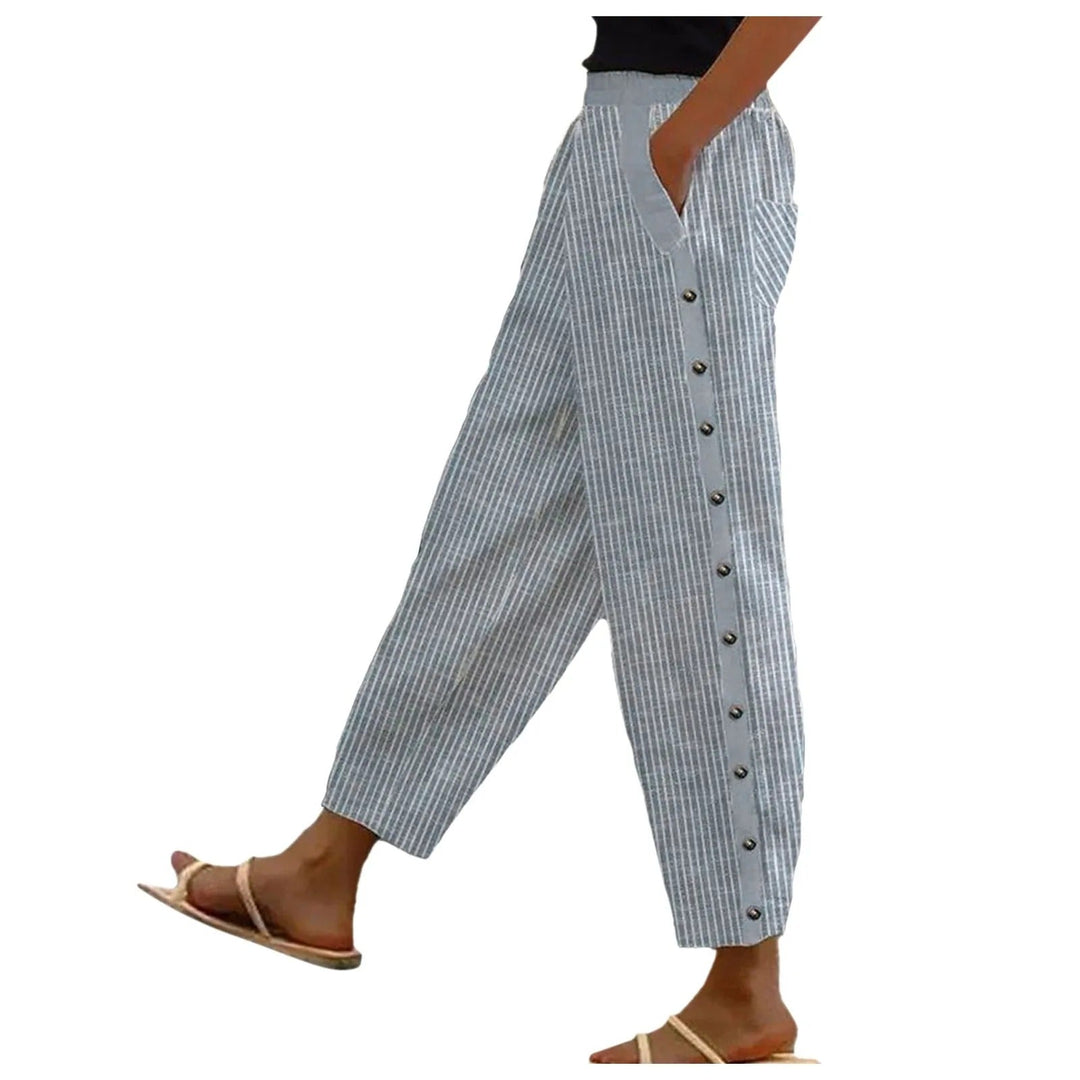 Striped High-Waist Ladies' Trousers with Decorative Buttons – Florence-Blue-S-State of Style