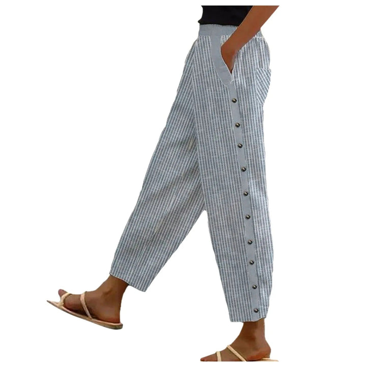 Striped High-Waist Ladies' Trousers with Decorative Buttons – Florence-Blue-S-State of Style