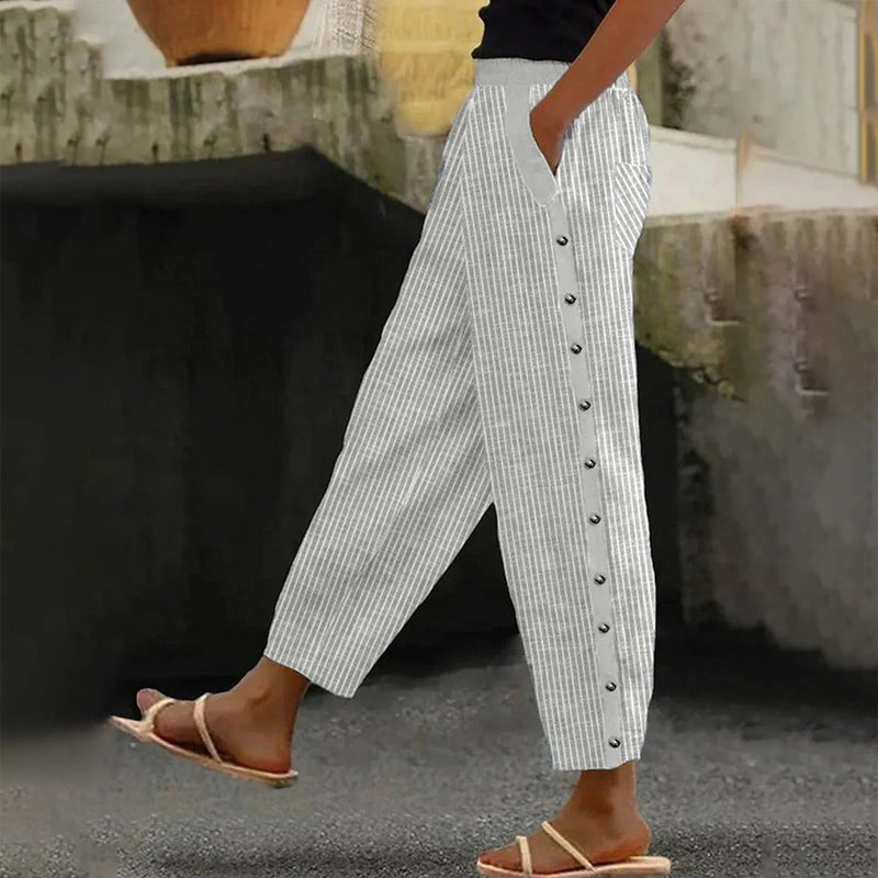 Striped High-Waist Ladies' Trousers with Decorative Buttons – Florence-Gray-S-State of Style