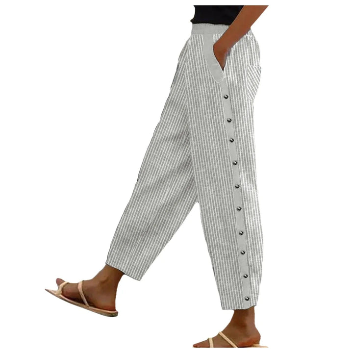 Striped High-Waist Ladies' Trousers with Decorative Buttons – Florence-Gray-S-State of Style