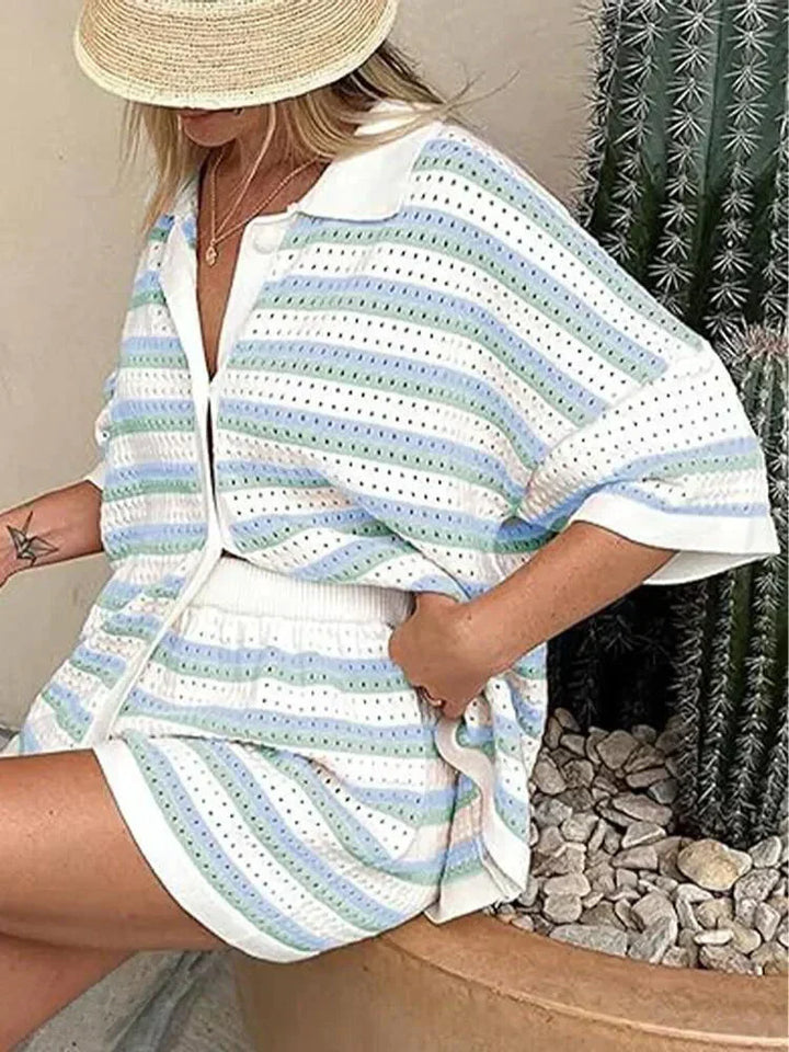 Striped Ladies' Summer Set with Top and Shorts – Faye-Blue-S-State of Style