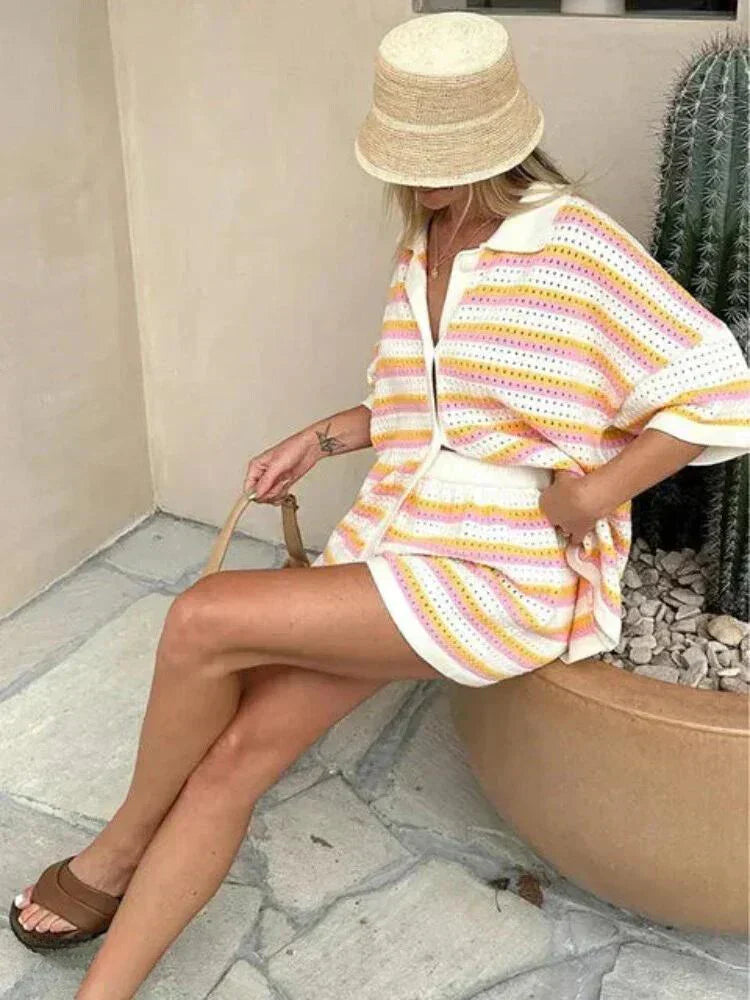 Striped Ladies' Summer Set with Top and Shorts – Faye-Orange-S-State of Style