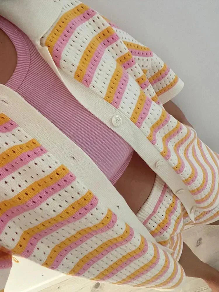 Striped Ladies' Summer Set with Top and Shorts – Faye-Orange-S-State of Style