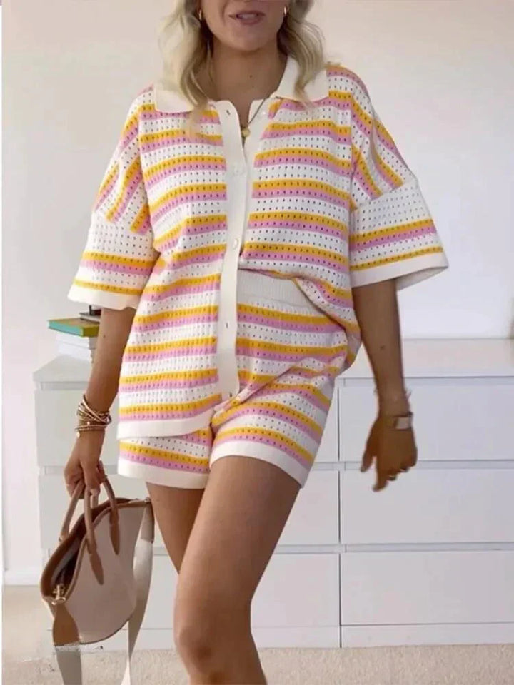 Striped Ladies' Summer Set with Top and Shorts – Faye-Orange-S-State of Style