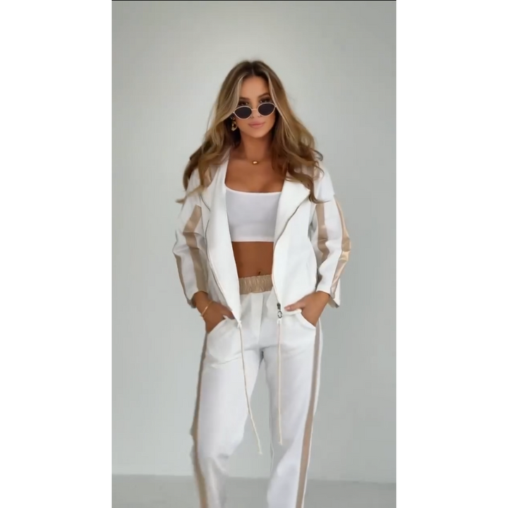 Striped leisure two-piece with hood & waistband – Cosima-White-S-State of Style