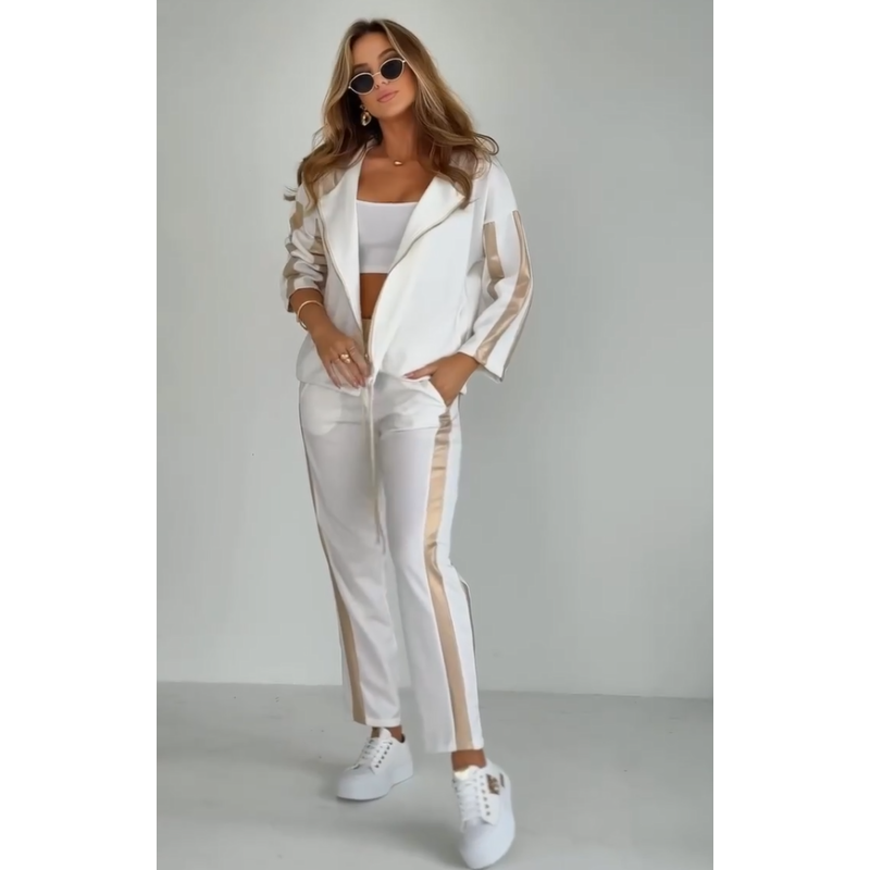 Striped leisure two-piece with hood & waistband – Cosima-White-S-State of Style