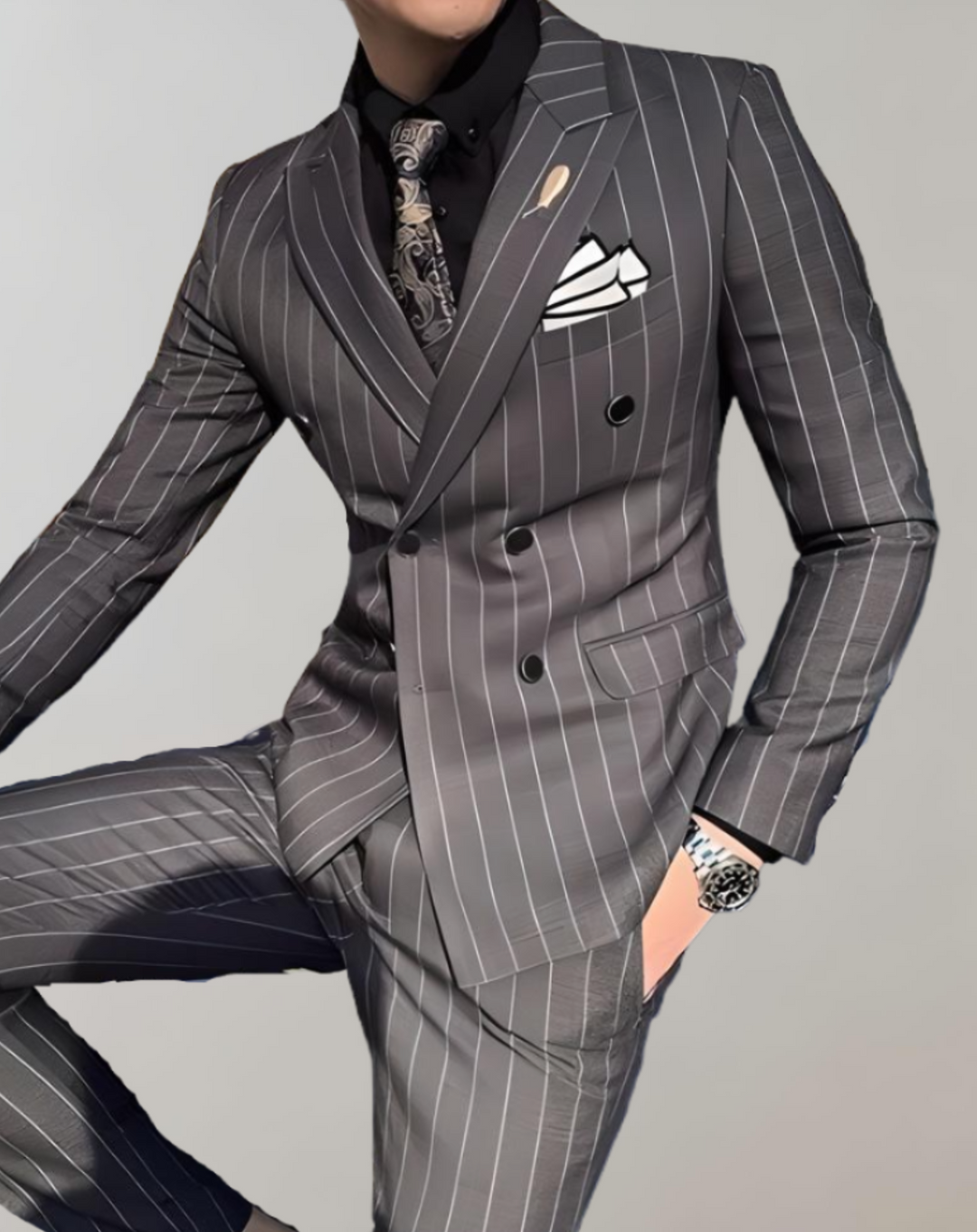 Striped Men's Double-Breasted Suit - Maxim-Grey-S-State of Style