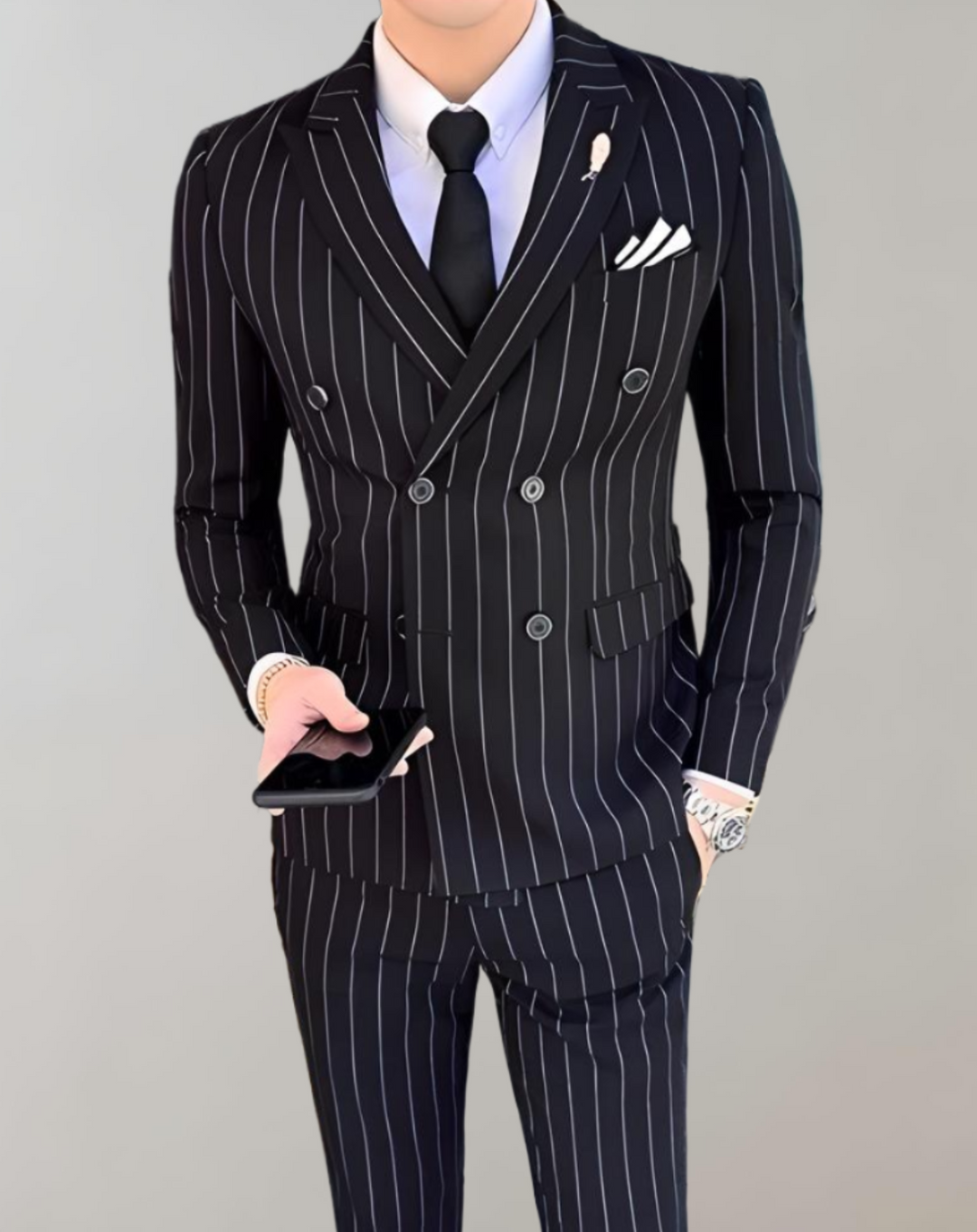 Striped Men's Suit with Double-Breasted Buttons - Maxim-Black-S-State of Style