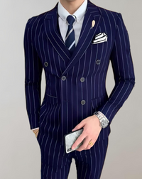 Striped Men's Suit with Double-Breasted Buttons - Maxim-Blue-S-State of Style