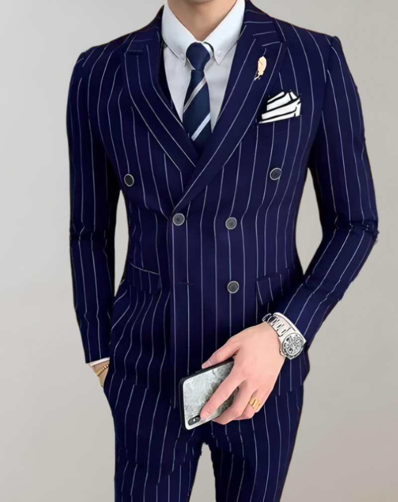 Striped Men's Suit with Double-Breasted Buttons - Maxim-Blue-S-State of Style